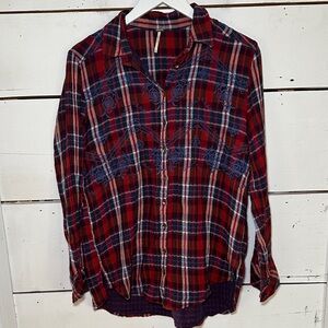 Free People Magical Ebroidered Button Down Red and Blue Plaid Shirt